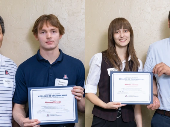 Outstanding MSE teaching assistant Thomas Sweepe and student Shelby Janssen pose with the faculty who nominated them. 