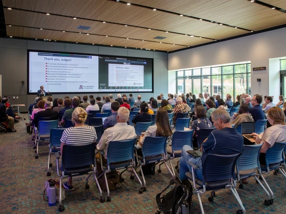 Tomás Díaz de la Rubia, U of A senior vice president for research and partnerships, delivers remarks at the May 12 pitch event for the Big Idea Challenge. Six teams, all made up of experts from across campus, have been chosen as the challenge's inaugural awardees.