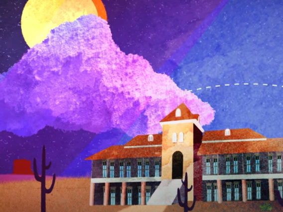 An illustrated image of a red brick building in the desert