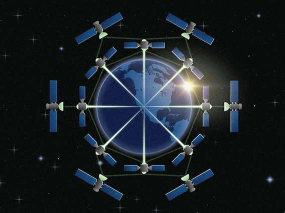 Illustration showing a network of satellites connected with lines superimposed over the Earth.