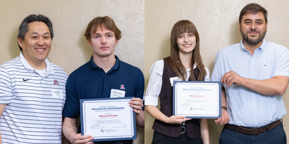 Outstanding MSE teaching assistant Thomas Sweepe and student Shelby Janssen pose with the faculty who nominated them.