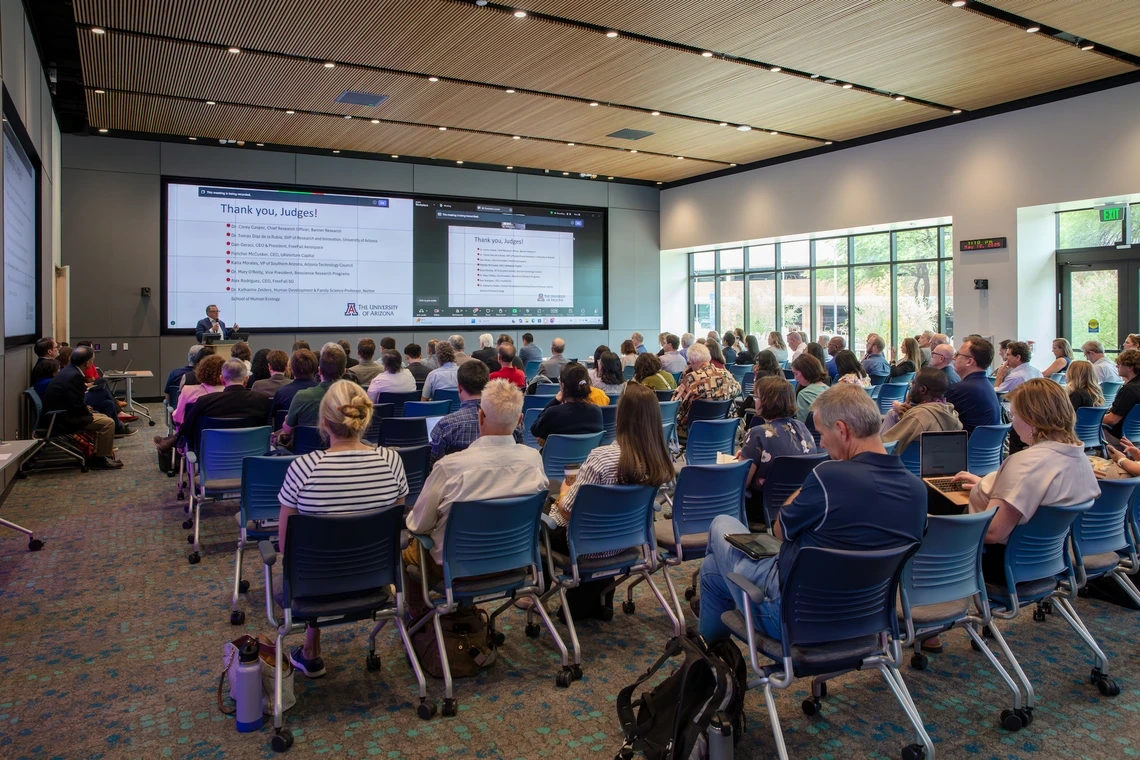Tomás Díaz de la Rubia, U of A senior vice president for research and partnerships, delivers remarks at the May 12 pitch event for the Big Idea Challenge. Six teams, all made up of experts from across campus, have been chosen as the challenge's inaugural awardees.