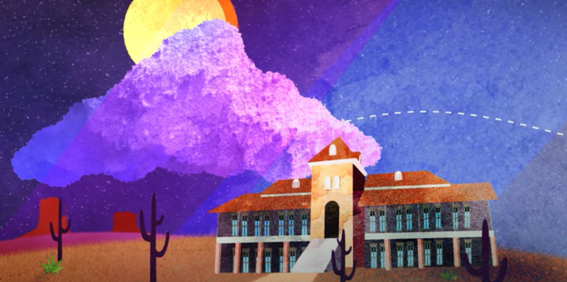 An illustrated image of a red brick building in the desert