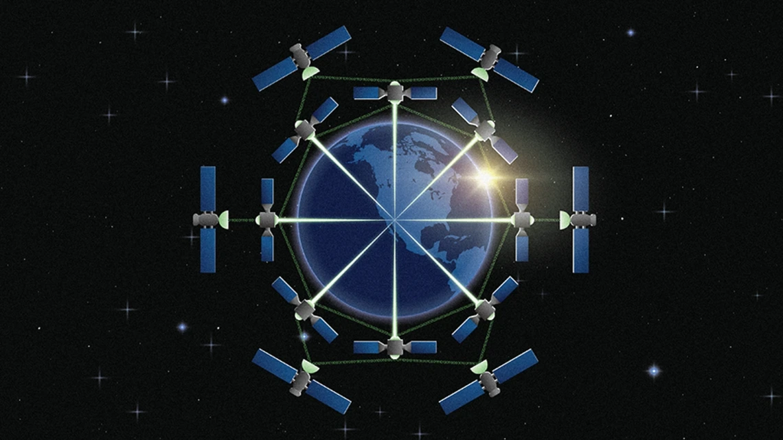 Illustration showing a network of satellites connected with lines superimposed over the Earth.