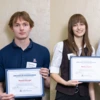 Outstanding MSE teaching assistant Thomas Sweepe and student Shelby Janssen pose with the faculty who nominated them. 