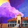 An illustrated image of a red brick building in the desert