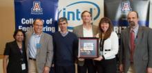At a recent event, Intel presented the UA team with a framed memento to recognize the collaboration. Left to right: Lalita Rao, Brian McCarson, Pierre Deymier, Jim Baygents, Michelle St. Louis Weber, Jim Field