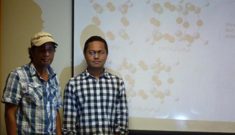 Abu Asaduzzaman, left, and Mohammad Rafat Sadat, right, presenting their research on geopolymers.