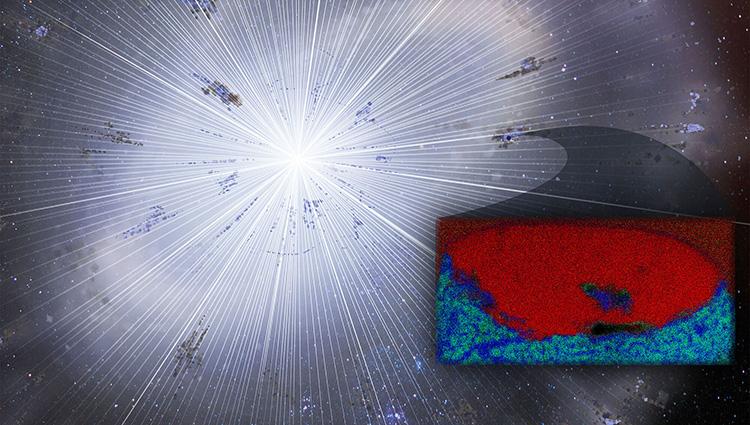 A team of researchers found a grain (inset image) encased in a meteorite that survived the formation of our solar system and analyzed it with instruments sensitive enough to identify single atoms in a sample. Measuring 1/25,000th of an inch, the carbon-rich graphite grain (red) revealed an embedded speck of oxygen-rich material (blue), two types of stardust that were thought could not form in the same nova eruption. 