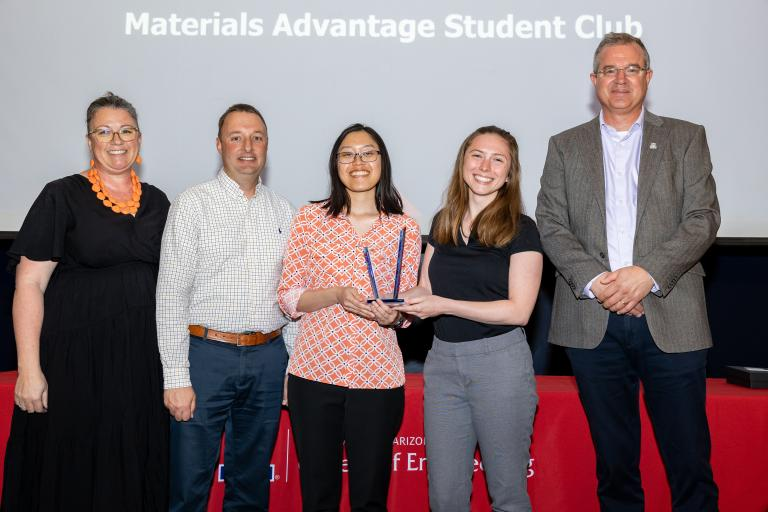 From left: Heather Moore, Andrew Wessman, Materials Advantage Club members Madison Sitkiewicz and Christina Dinh, Craig M. Berge Dean David Hahn